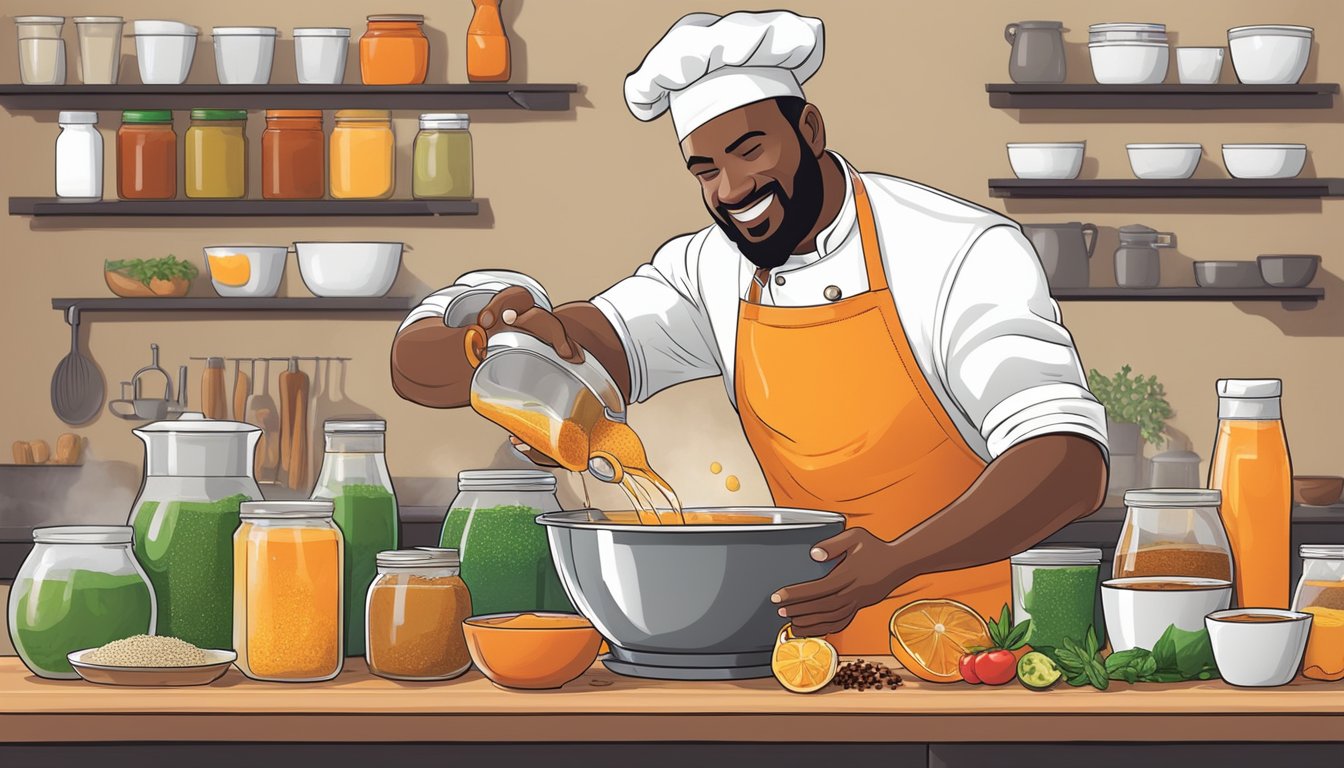 A chef pouring Gatorade into a mixing bowl with various spices and ingredients, preparing a sports-themed marinade