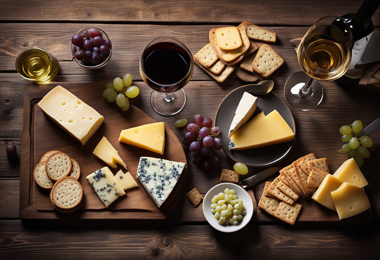 Uma mesa de madeira rústica decorada com uma variedade de queijos italianos e várias garrafas de vinho, acompanhada de uvas e biscoitos.