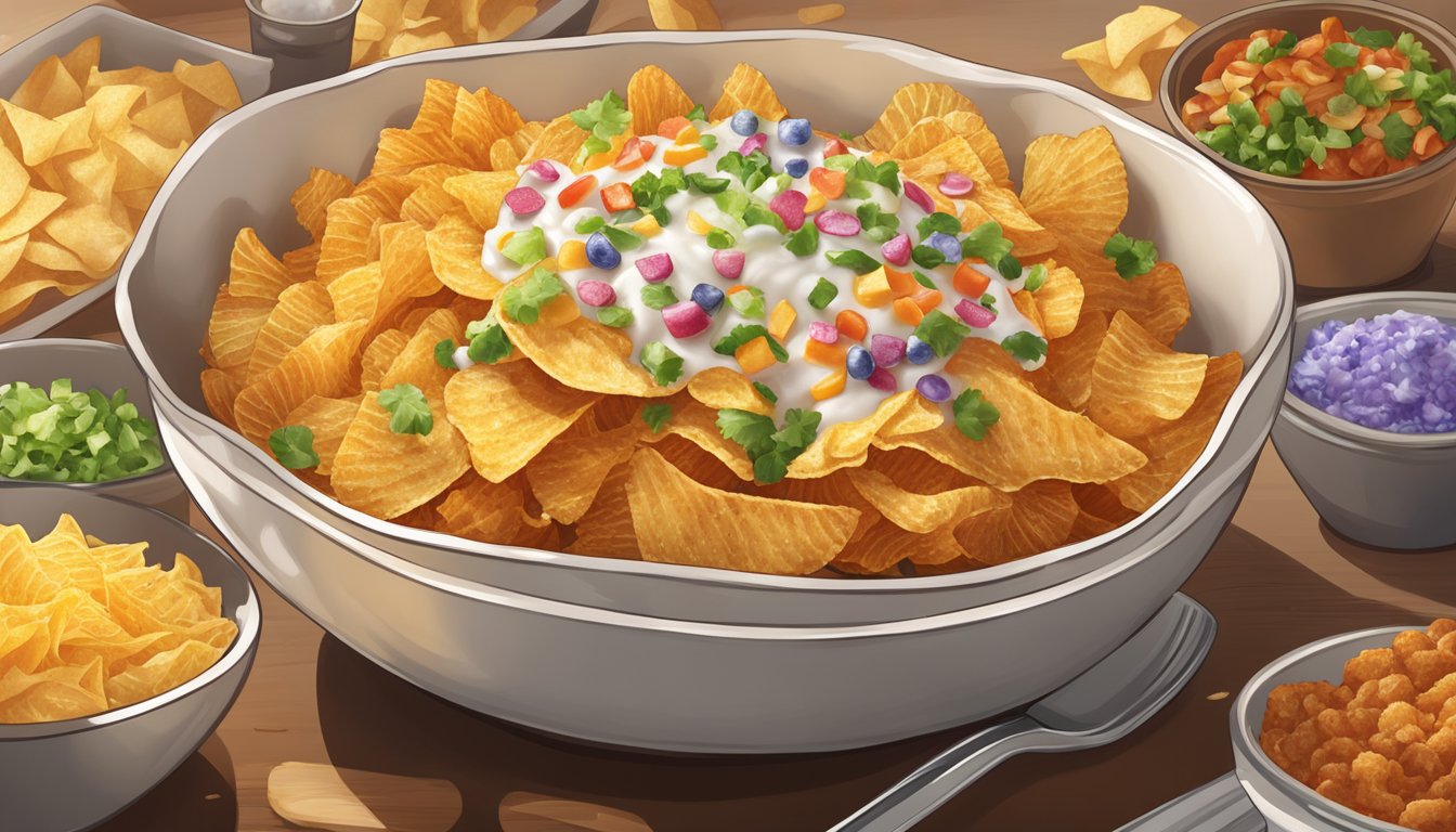 A bowl of freshly cooked, crispy Ruffles chips being crushed and sprinkled on top of a loaded baked potato, surrounded by various toppings and seasonings