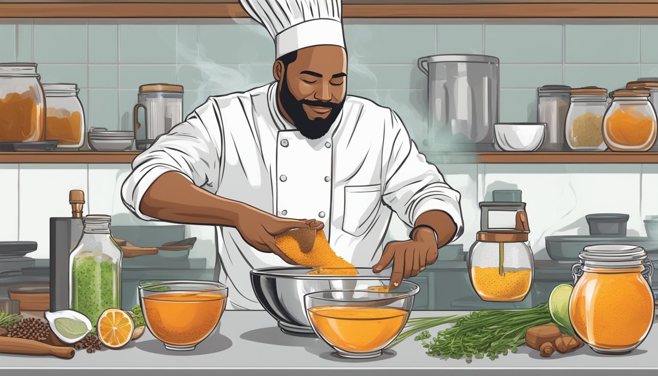 A chef pours Gatorade into a bowl of spices and mixes it with a whisk, preparing a sports-themed marinade for grilling