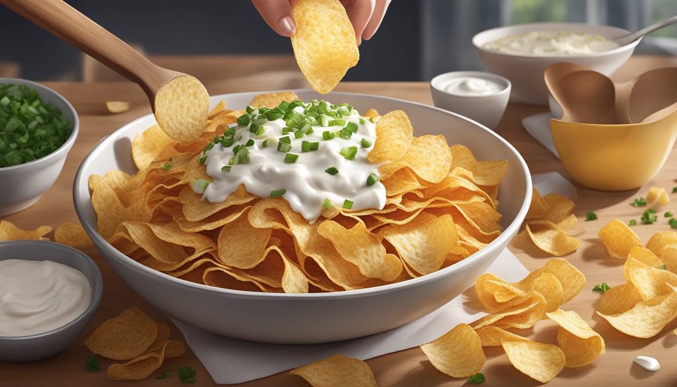 A bowl of Ruffles potato chips being crushed and sprinkled over a loaded potato dish, with sour cream, cheese, bacon bits, and chives