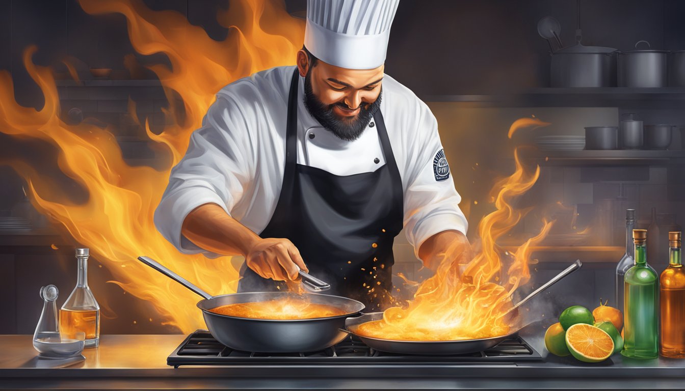 A chef pours Absolut Vodka over a sizzling pan of food, creating a burst of flames as the alcohol ignites