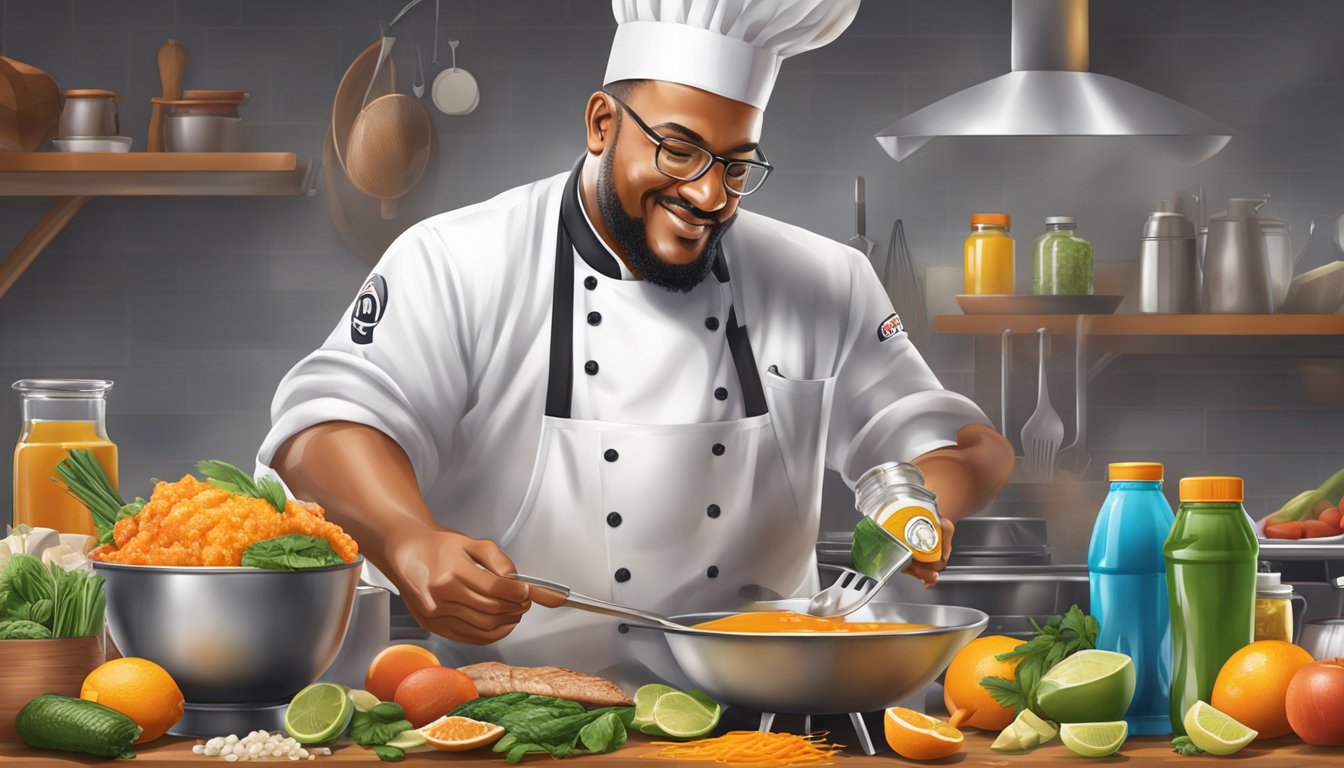 A chef pours Gatorade into a bowl of marinade ingredients, surrounded by sports equipment and a grill