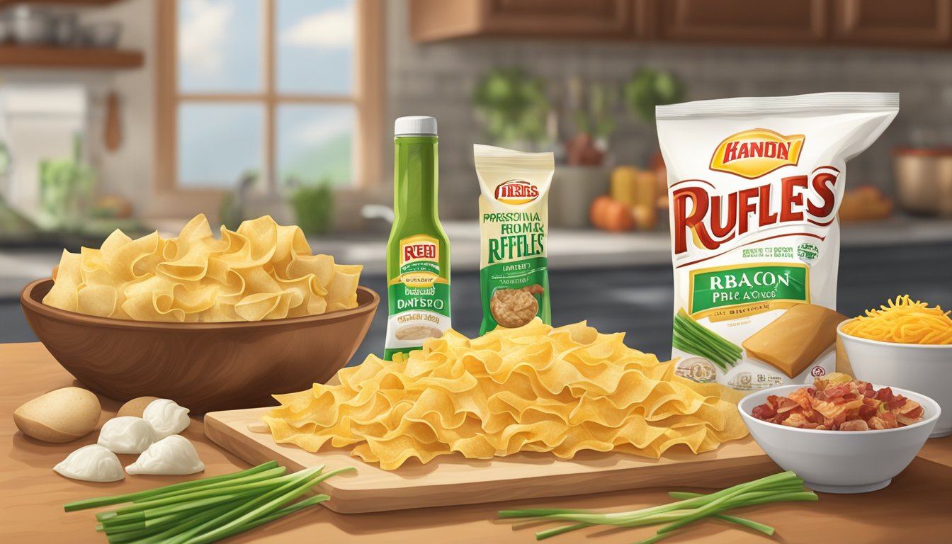 A bag of Ruffles spilling onto a cutting board surrounded by ingredients like cheese, bacon, and green onions, with a loaded potato dish in the background