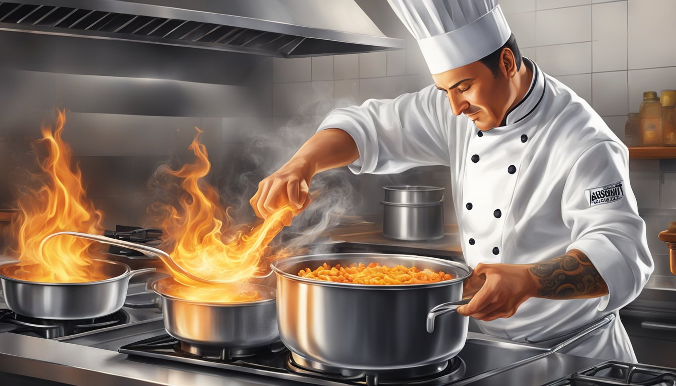 A chef pouring Absolut Vodka into a hot pan, creating a burst of flames as they flambé a dish