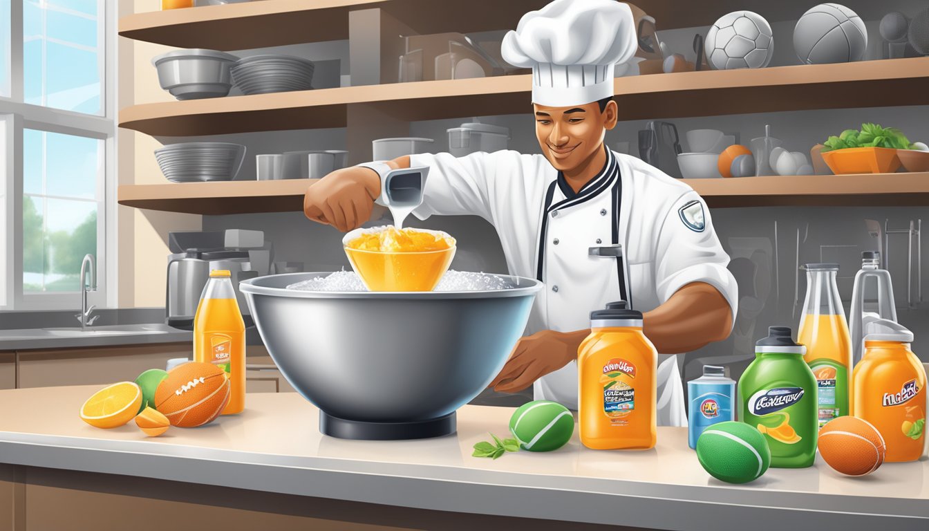 A chef pouring Gatorade into a mixing bowl with various sports equipment in the background