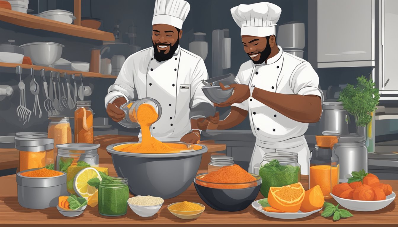 A chef pours Gatorade into a mixing bowl with various spices and ingredients, creating a sports-themed marinade for grilling