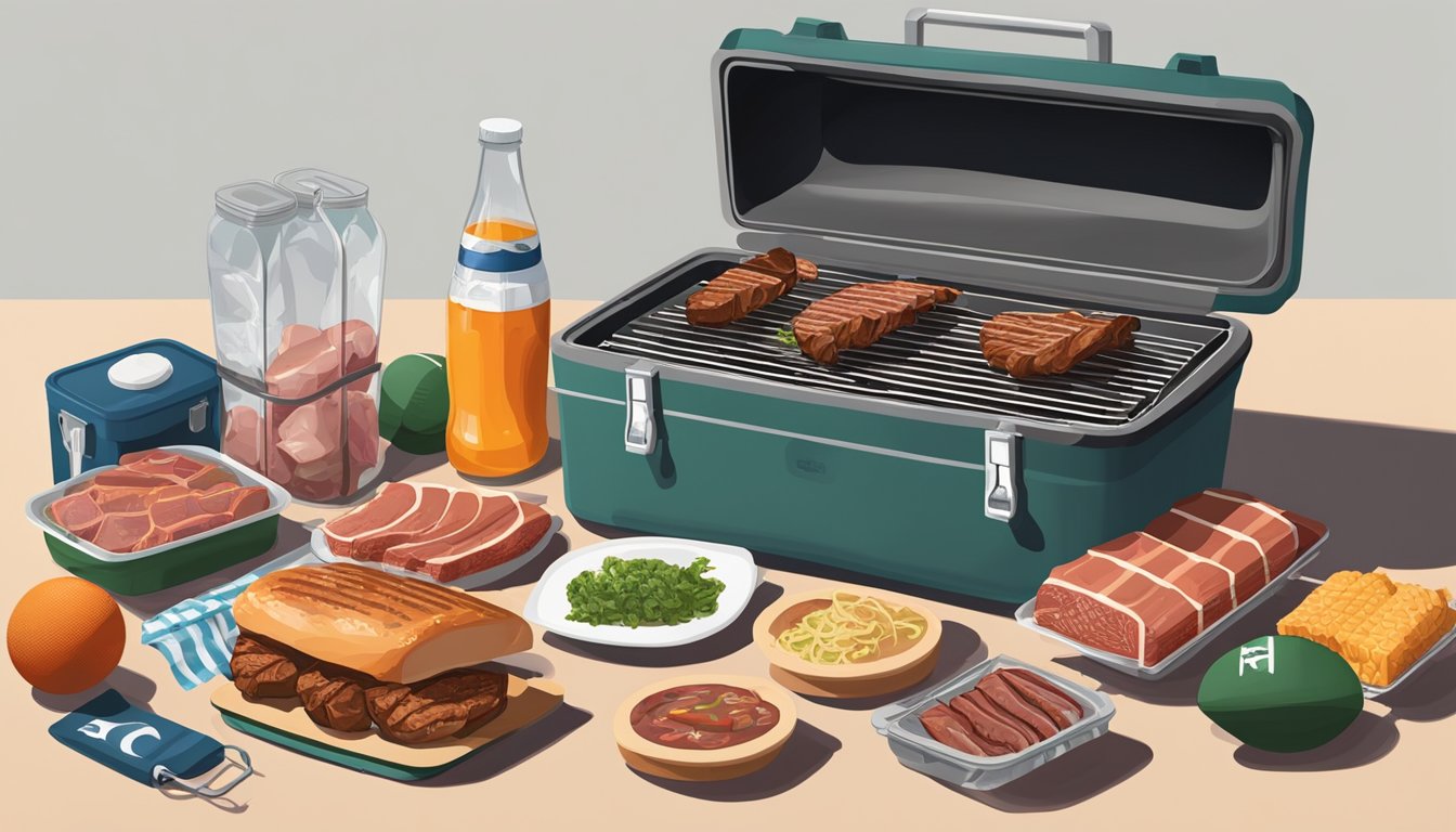 A grill with various meats marinating in Gatorade, surrounded by sports equipment and a cooler