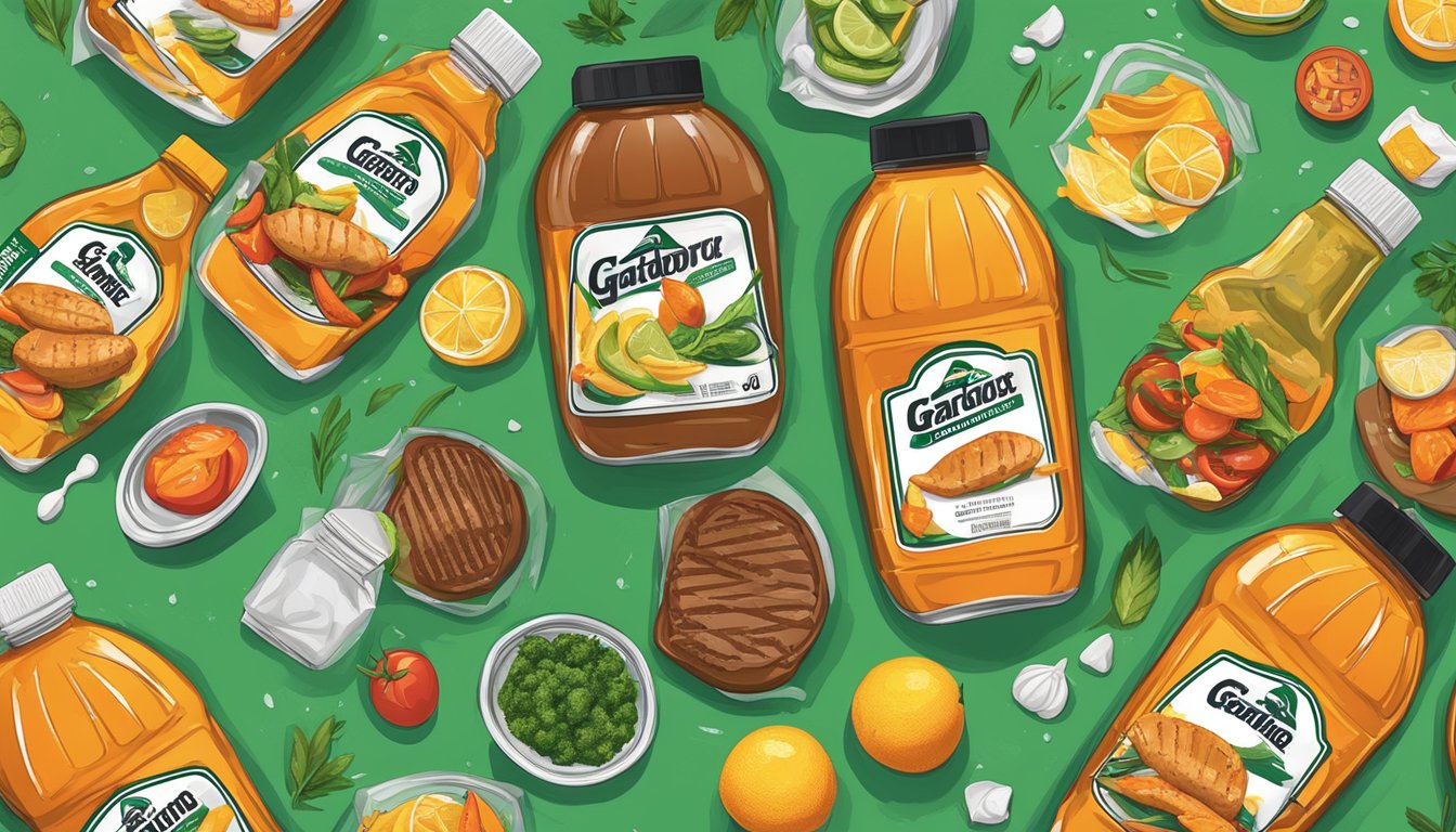 A sports-themed marinade scene with Gatorade bottles, various ingredients, and a grill