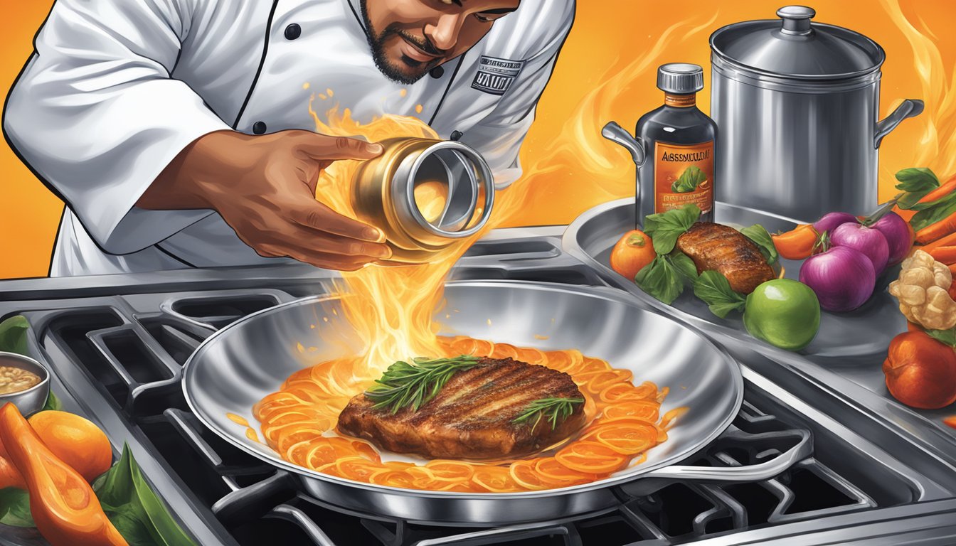 A chef pours Absolut Vodka over a sizzling pan of food, igniting a burst of flames as they flambe the dish