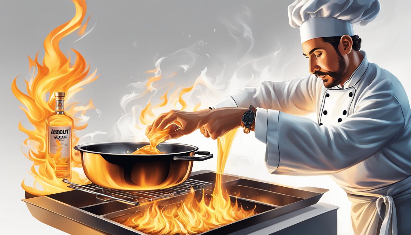 A chef pouring Absolut Vodka over a sizzling pan of flambéed food, flames dancing as the alcohol ignites