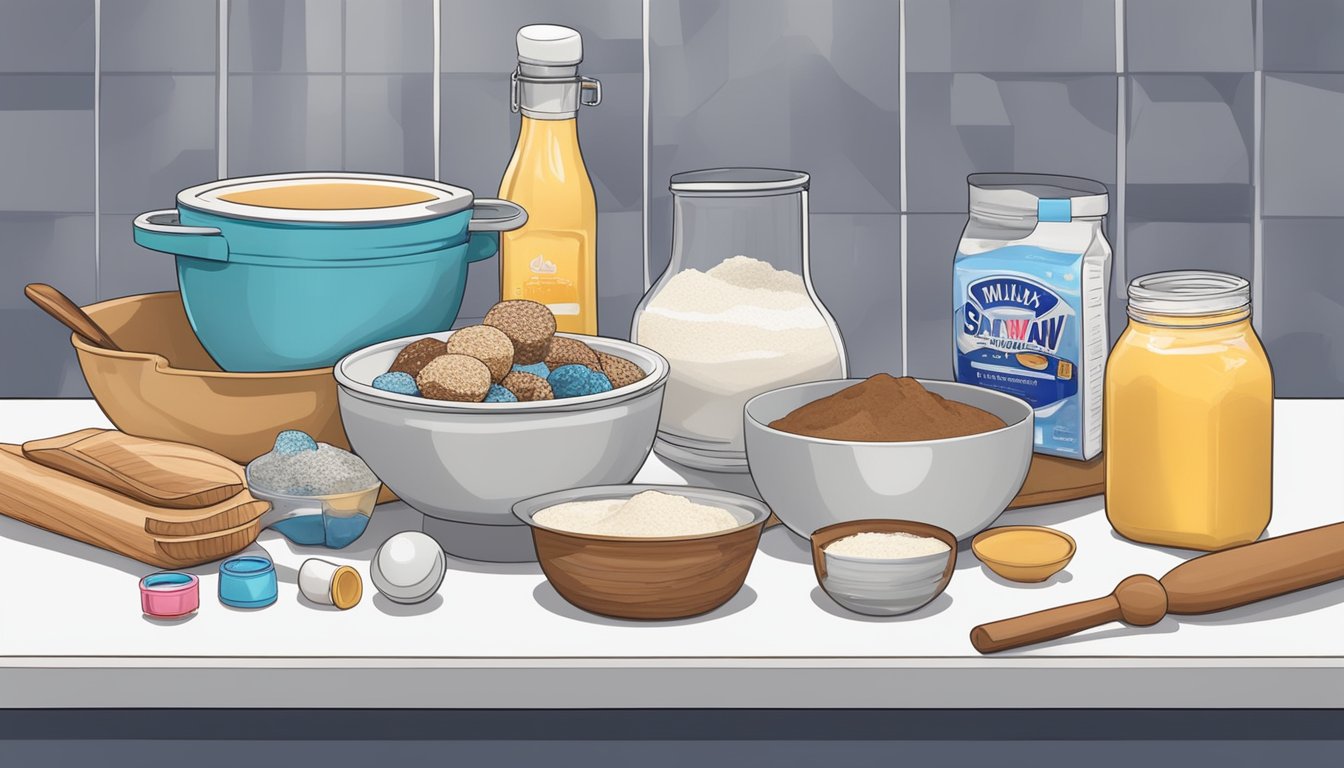 A kitchen counter with a mixing bowl, measuring cups, Milky Way bars, and baking ingredients scattered around