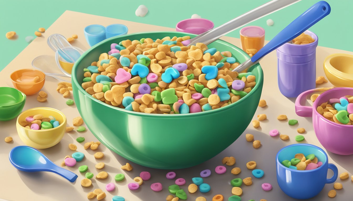 A colorful bowl of Lucky Charms cereal surrounded by measuring cups, mixing spoons, and a whisk on a kitchen counter