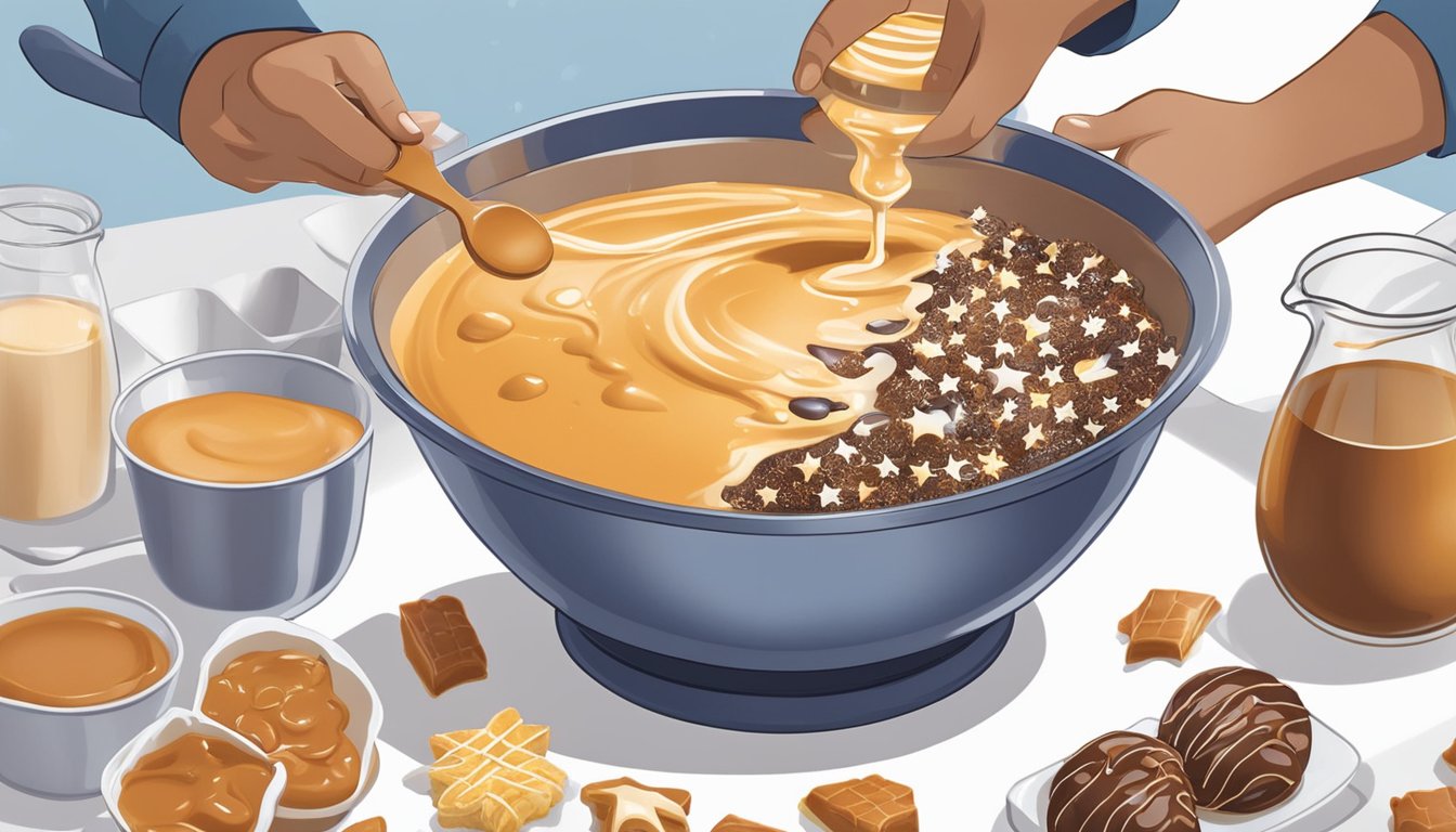 A chef pouring melted Milky Way into a mixing bowl, surrounded by ingredients for caramel-filled treats