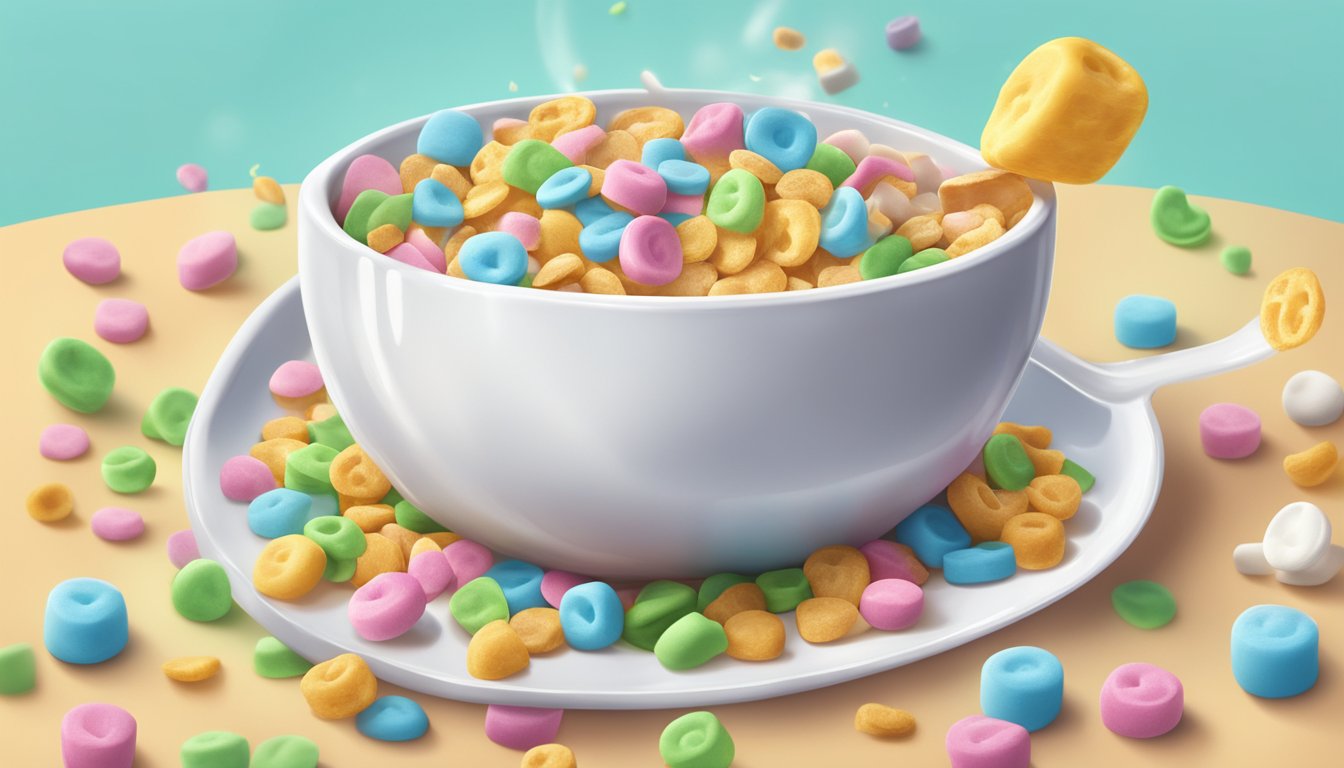 A bowl of Lucky Charms cereal being poured into a pot of melted marshmallows, creating a sticky and colorful base for whimsical desserts