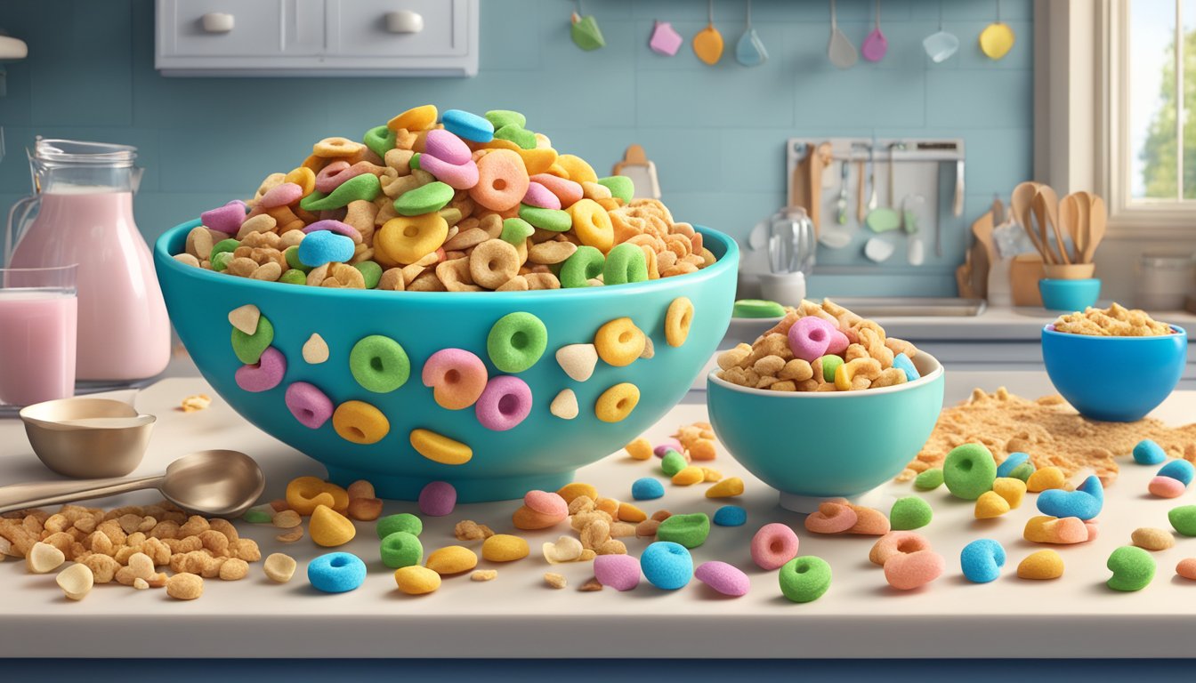 A colorful bowl of Lucky Charms cereal overflowing onto a kitchen counter, surrounded by baking ingredients and whimsical dessert creations