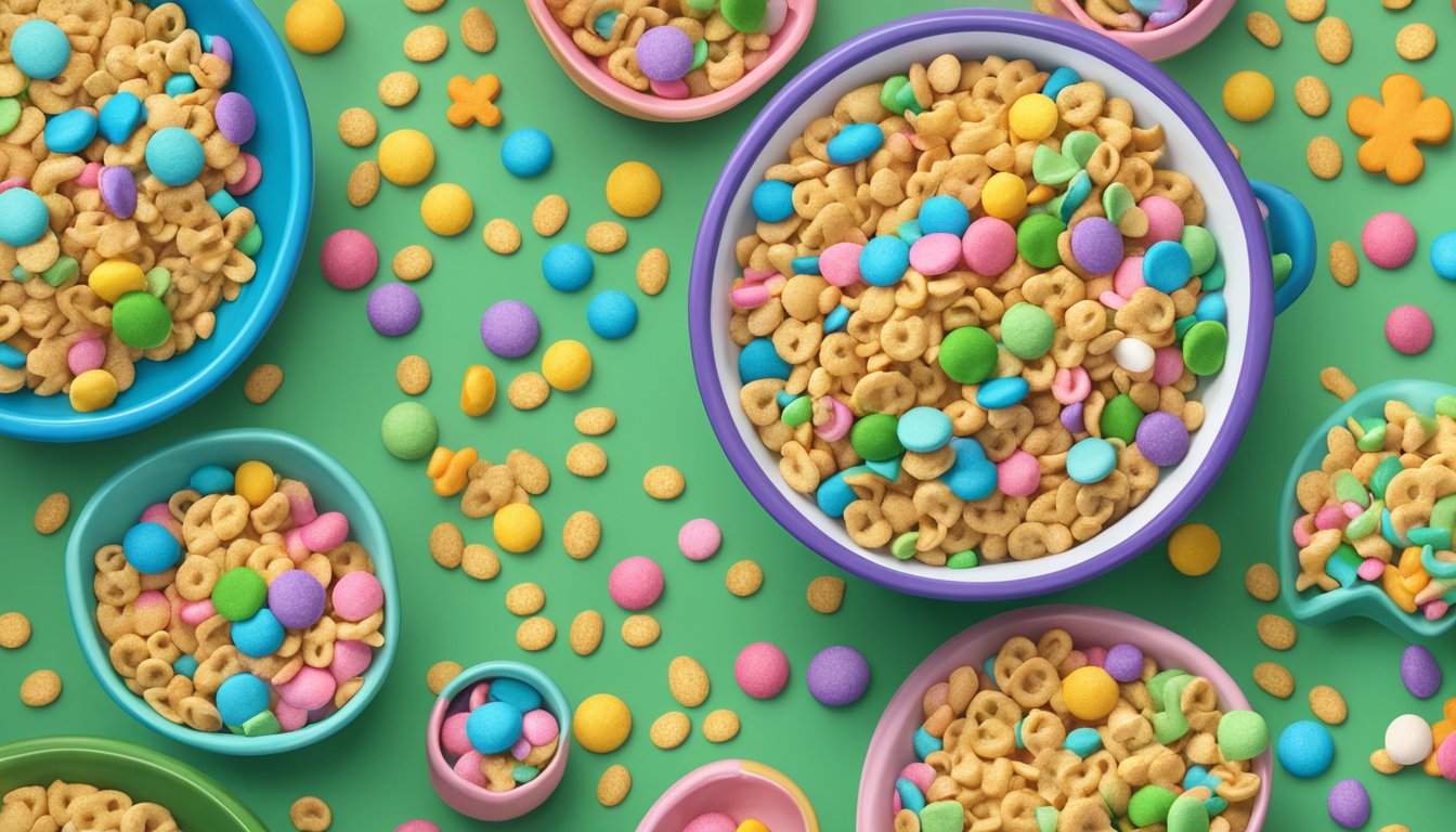 A colorful bowl of Lucky Charms cereal surrounded by sprinkles, frosting, and other whimsical dessert decorations