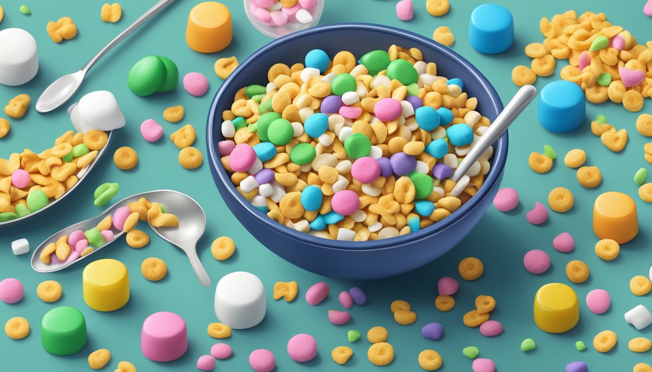 A bowl of Lucky Charms cereal surrounded by colorful sprinkles, marshmallows, and a mixing spoon on a kitchen counter