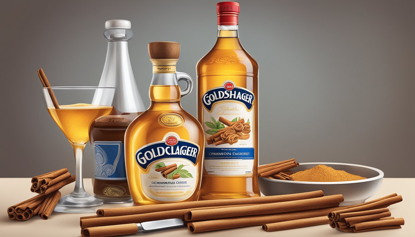 A kitchen counter with a bottle of Goldschlager, cinnamon sticks, and various cooking utensils