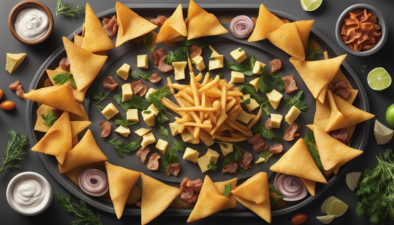 Bugles arranged in a circle on a baking sheet, filled with various appetizer ingredients like cheese, bacon, and herbs