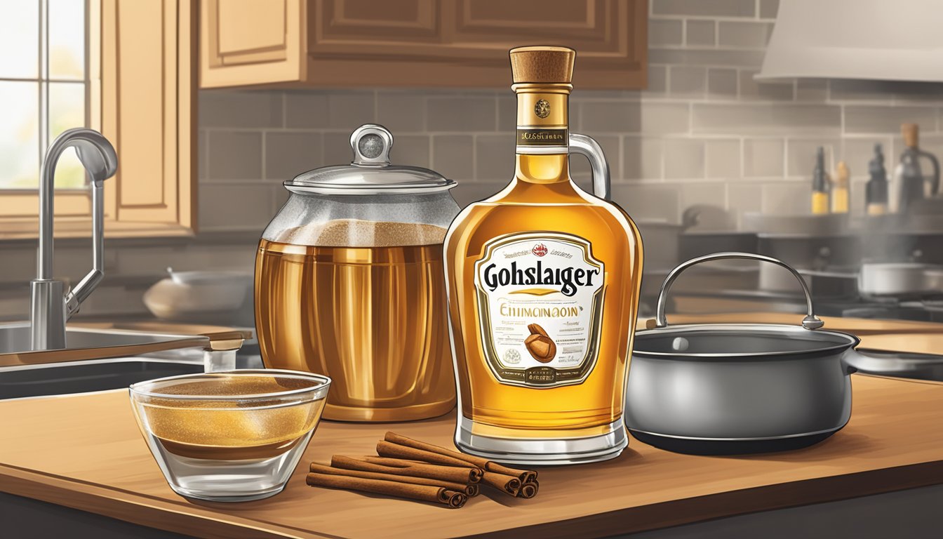 A gold bottle of Goldschlager sits next to a pot of simmering cinnamon-spiced dish on a stove, with a measuring spoon and a splash of the liqueur being poured into the pot