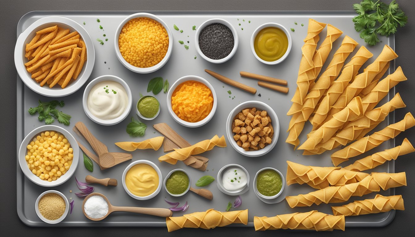 Bugles arranged in rows on a baking sheet, filled with various savory fillings, surrounded by ingredients and utensils for baking