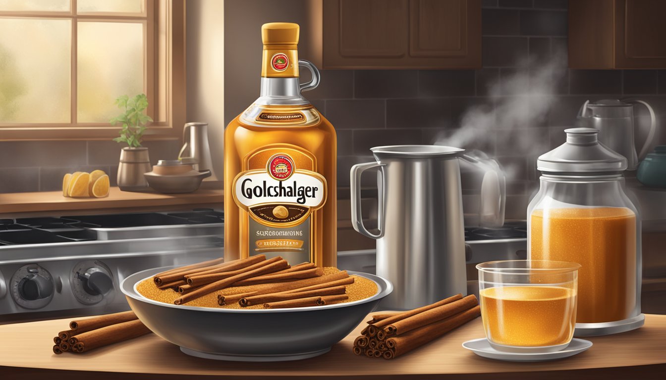 A shimmering bottle of Goldschlager sits next to a pile of cinnamon sticks and a pot of simmering spiced sauce on a stove