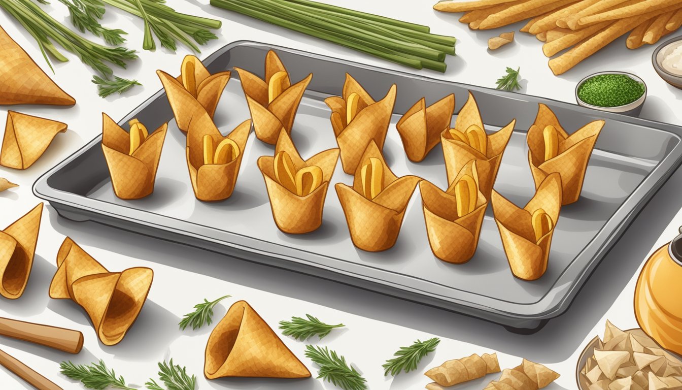 Bugles arranged on a baking sheet, filled with savory ingredients, and baking in the oven