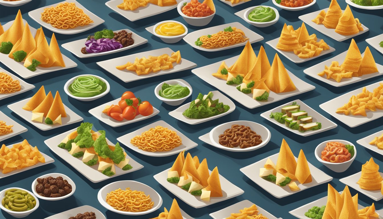 Bugles arranged in rows, filled with savory and sweet appetizers. A variety of toppings and fillings displayed on a table