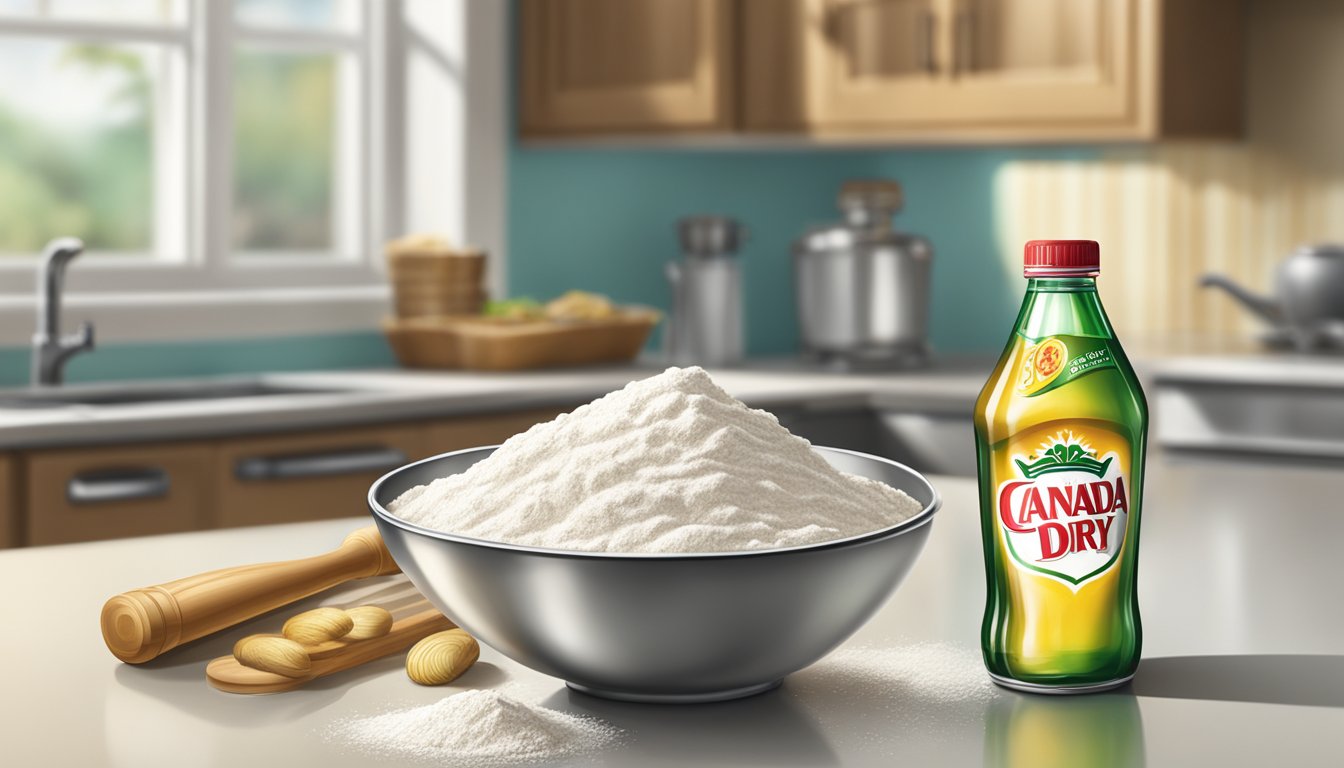 A bowl of flour, a can of Canada Dry Ginger Ale, and a whisk on a kitchen counter