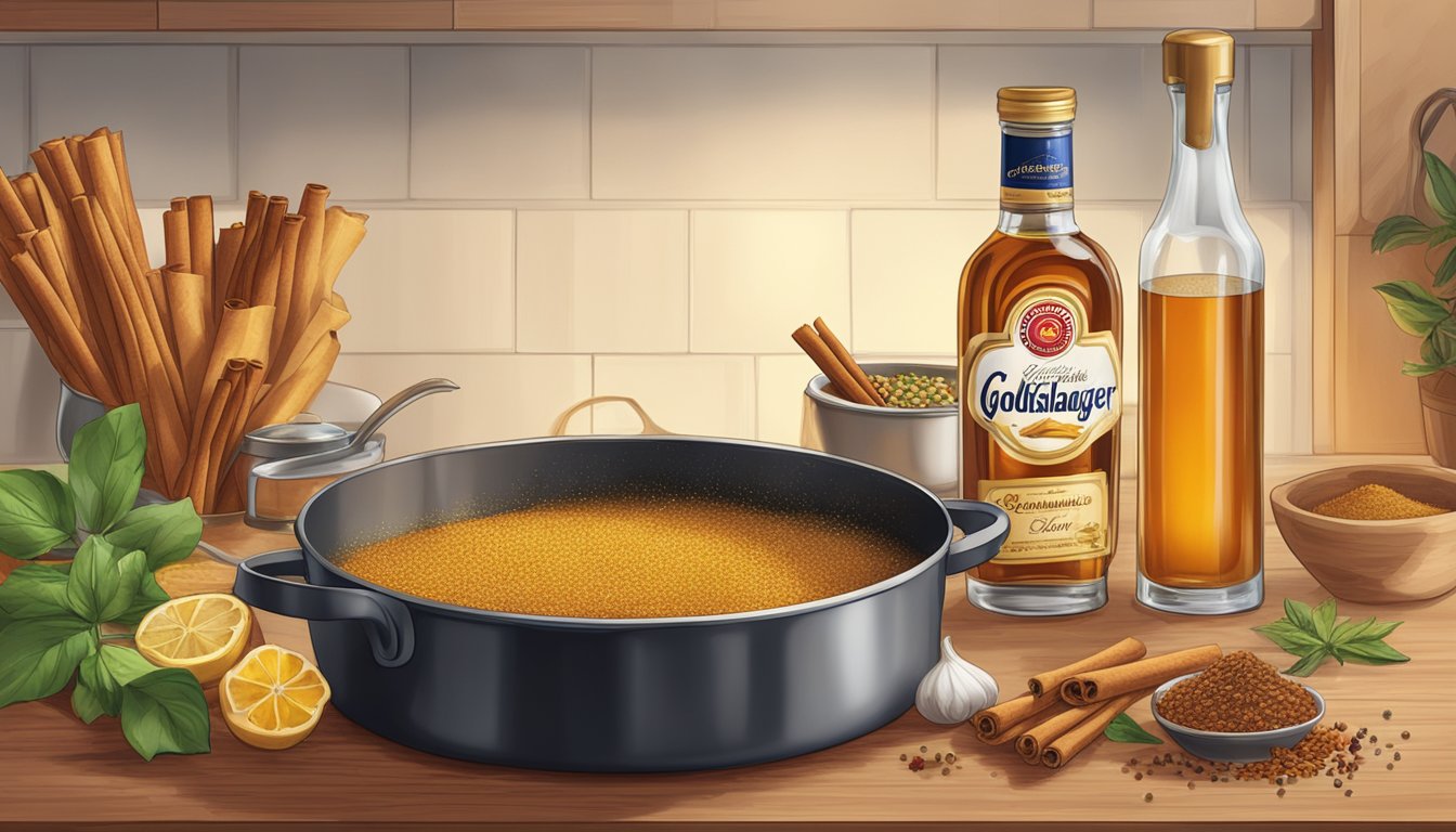 A bottle of Goldschlager sits next to a simmering pot of cinnamon-spiced dish, with various spices and ingredients scattered around the kitchen counter