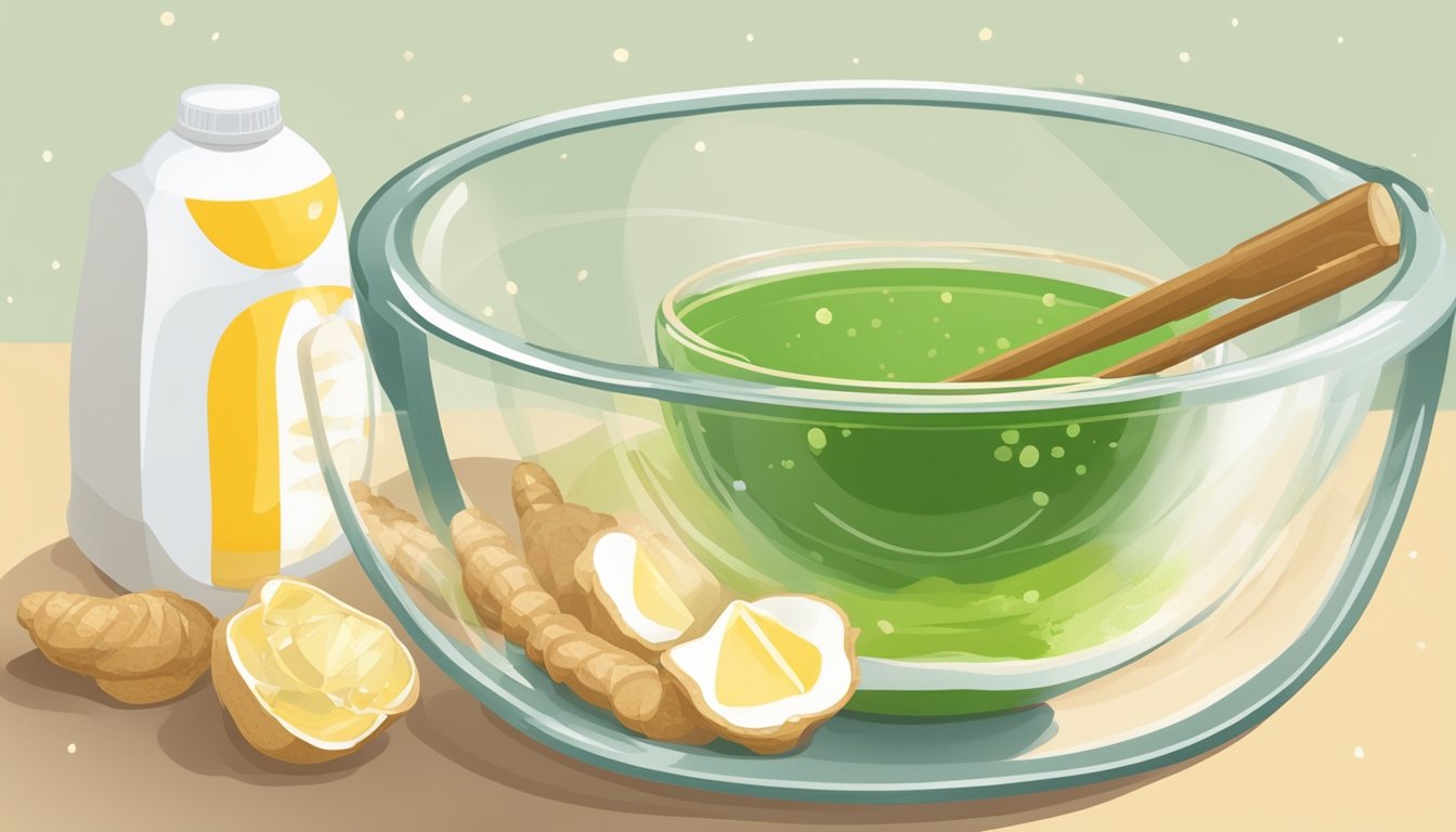 A clear glass bowl filled with ginger ale, flour, and eggs, surrounded by fresh ginger and a whisk