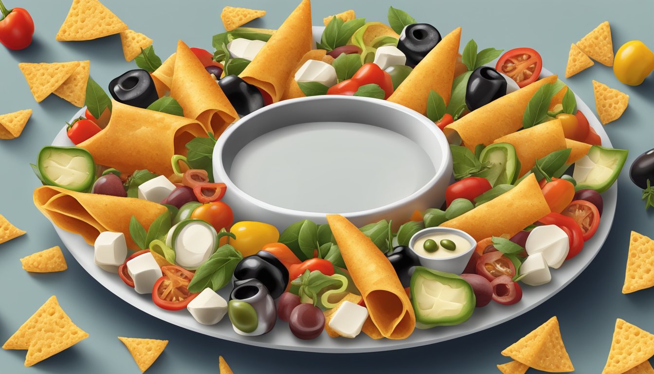 Bugles arranged in a circular pattern, filled with various appetizer ingredients such as cheese, olives, and peppers, placed on a serving platter