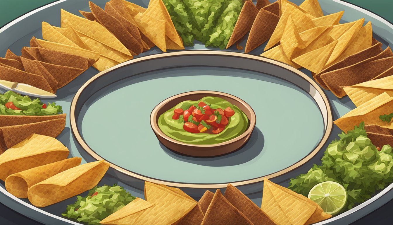 Bugles arranged in a circular pattern on a serving platter, filled with various appetizer fillings such as guacamole, salsa, and cheese