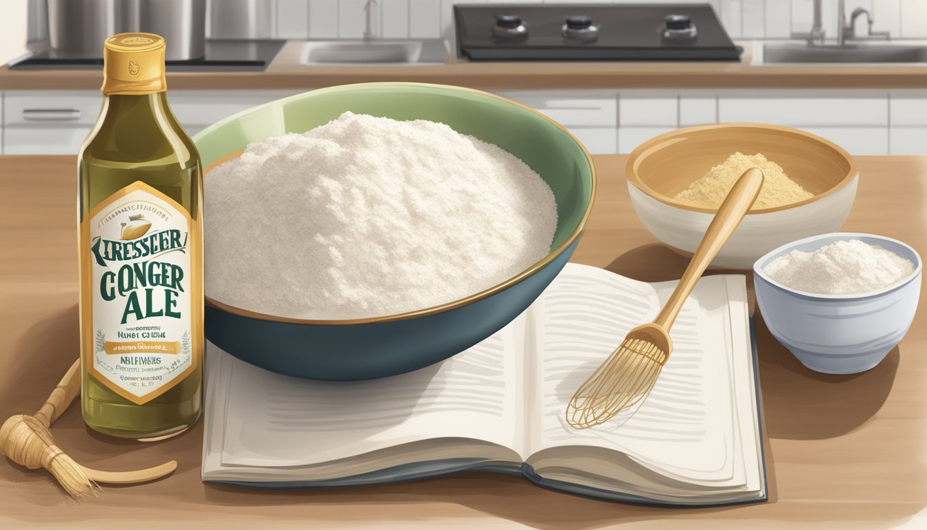 A bowl of flour, ginger ale, and a whisk on a kitchen counter, with a recipe book open to a page on light batters