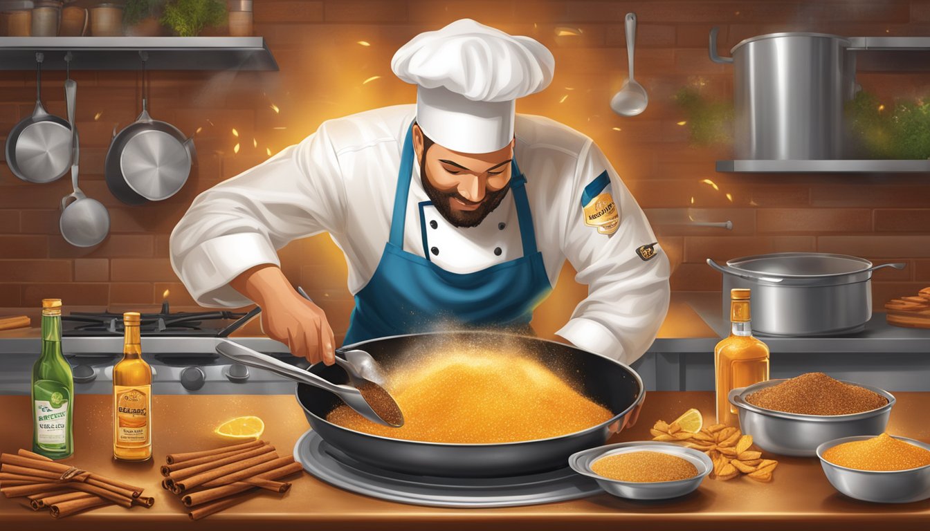 A chef pours Goldschlager into a sizzling pan of cinnamon-spiced dishes, creating a fiery and aromatic display