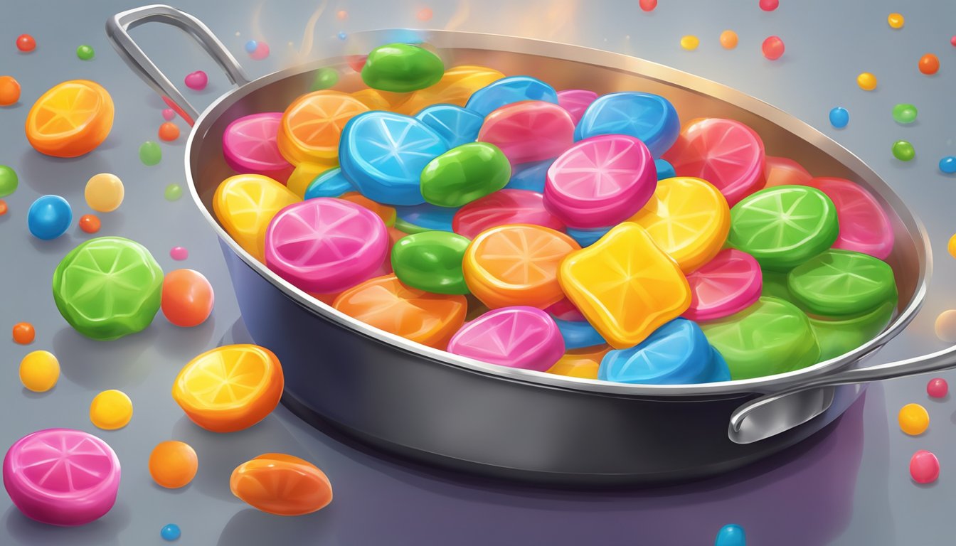 A colorful array of Starburst candies melting into a sticky, fruity glaze in a saucepan over a low flame