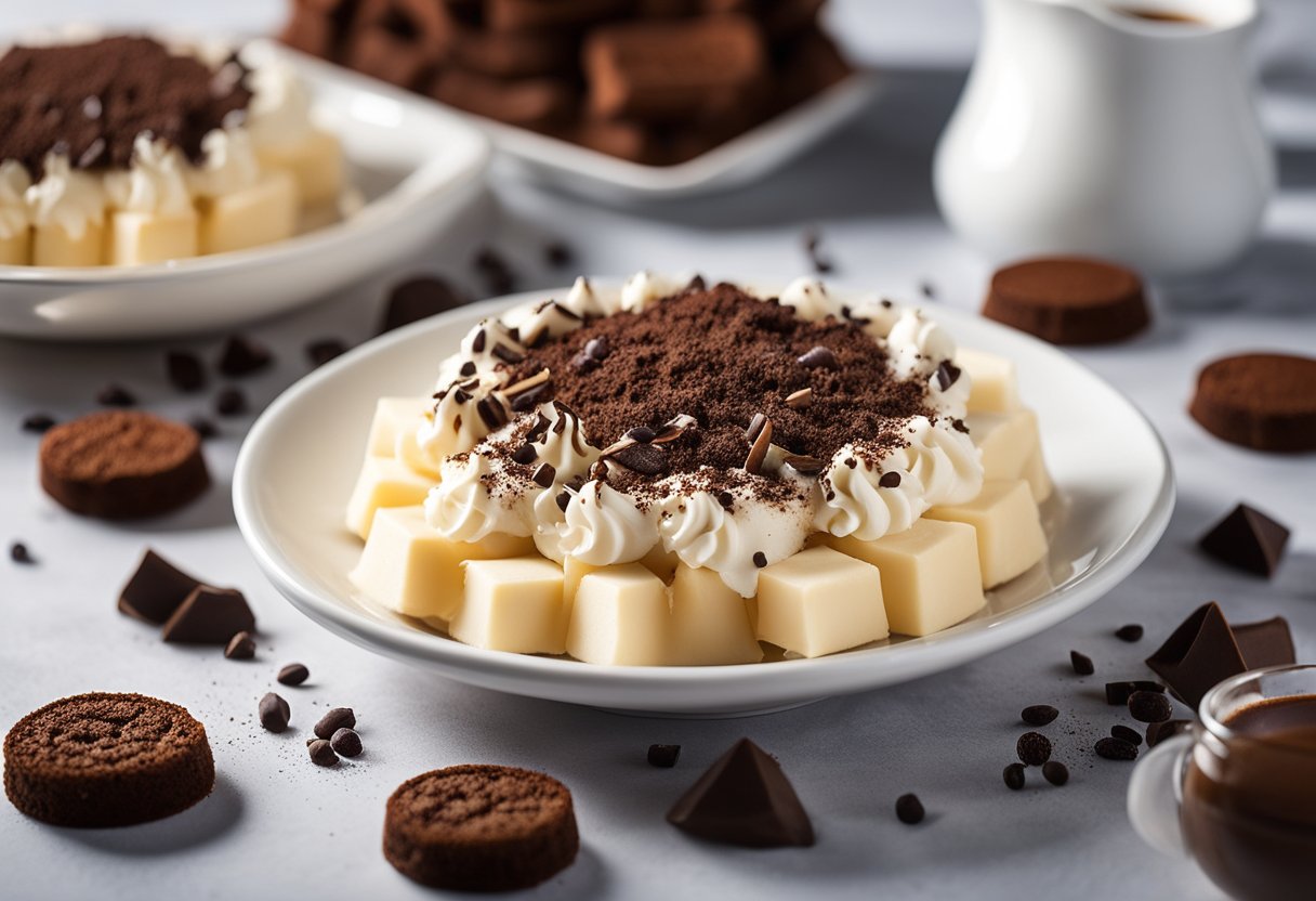 Uma tigela de queijo mascarpone cremoso misturado com biscoitos ladyfinger embebidos em café expresso, polvilhada com cacau em pó e decorada com raspas de chocolate em um prato de servir branco.