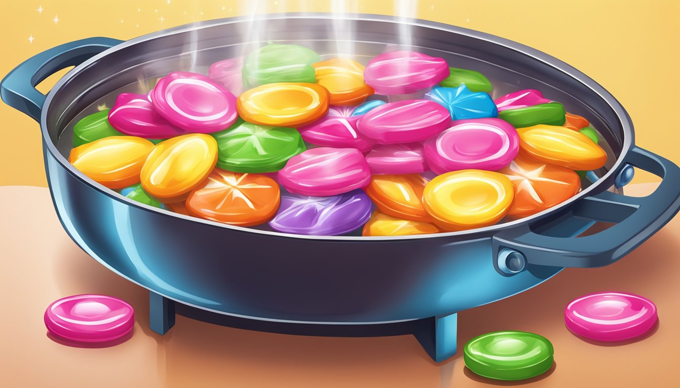 A colorful array of Starburst candies melting into a glossy, fruity glaze over a simmering pot on a stovetop