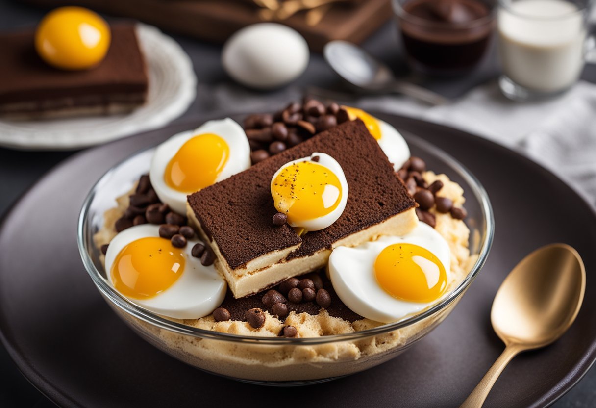 Uma tigela de queijo mascarpone, ovos, açúcar e biscoitos ladyfinger embebidos em café expresso dispostos em camadas, polvilhados com cacau em pó e decorados com raspas de chocolate.