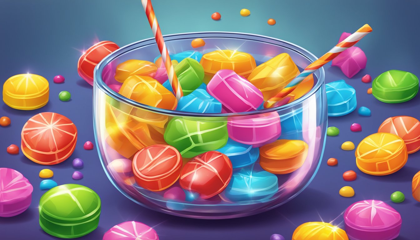 A colorful array of Starburst candies melting into a bubbling pot, emitting a sweet fruity aroma. A cocktail glass sits nearby, ready to be filled with the vibrant glaze