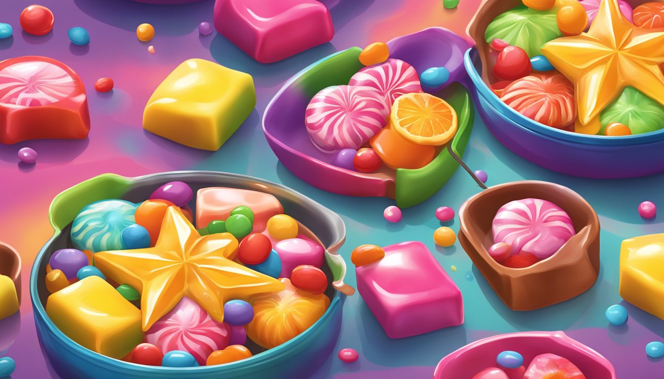 A colorful array of Starburst candies melting into a vibrant, fruity glaze over a sizzling pan