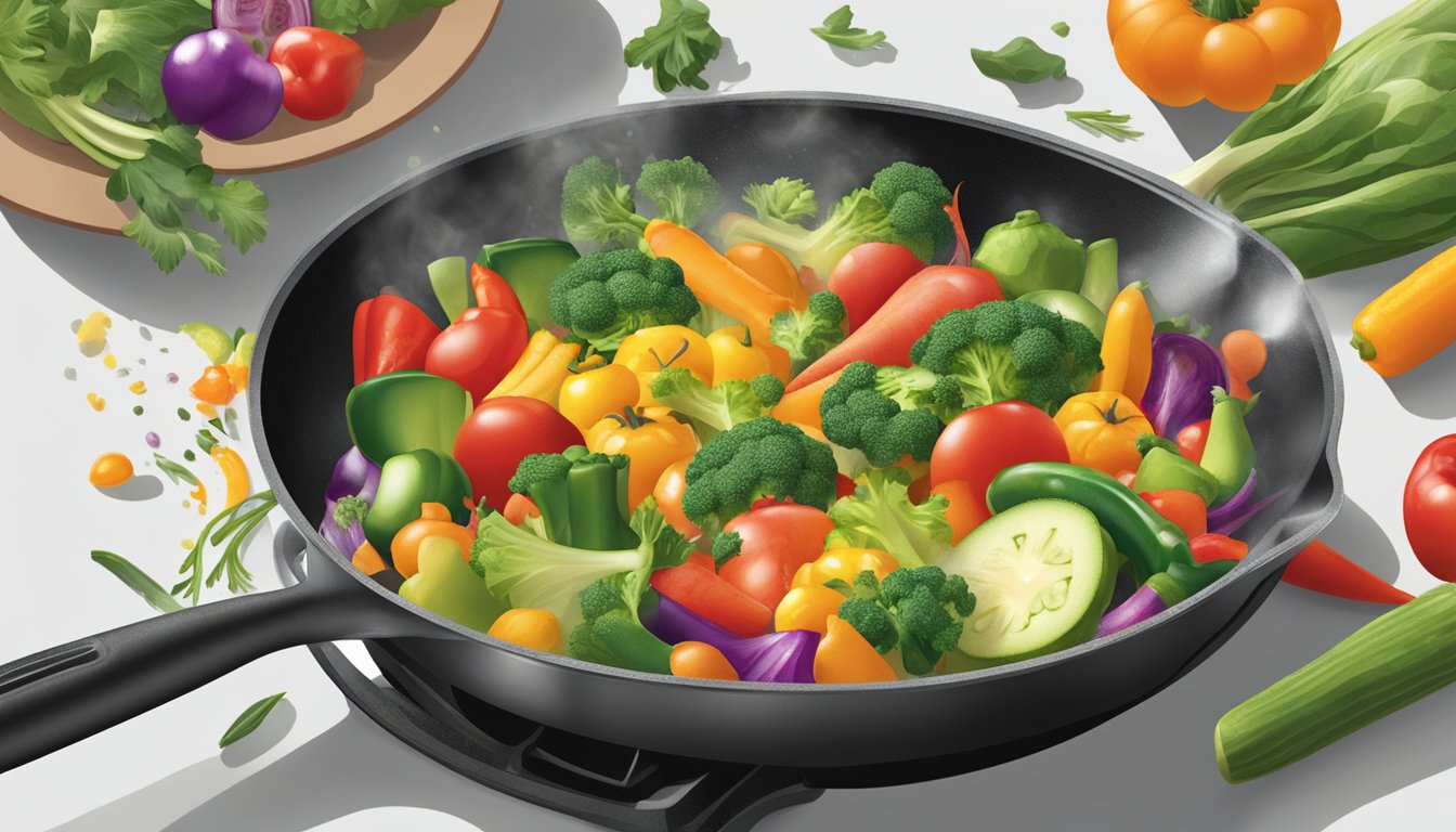 A skillet sizzling with colorful vegetables being sprayed with Pam cooking spray