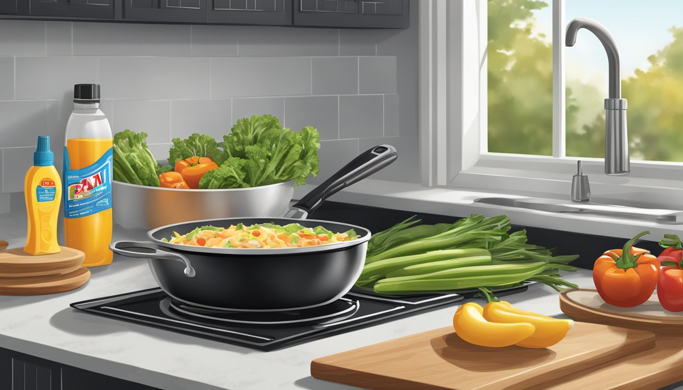 A kitchen counter with fresh vegetables, a bottle of Pam cooking spray, and a sizzling skillet