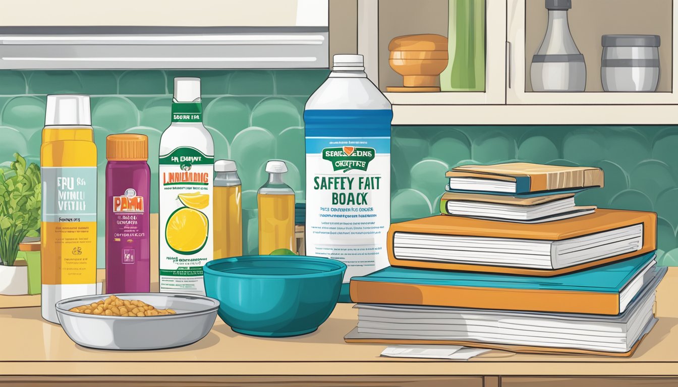 A kitchen counter with a bottle of Pam cooking spray next to a stack of low-fat recipe books and a safety and storage guidelines pamphlet