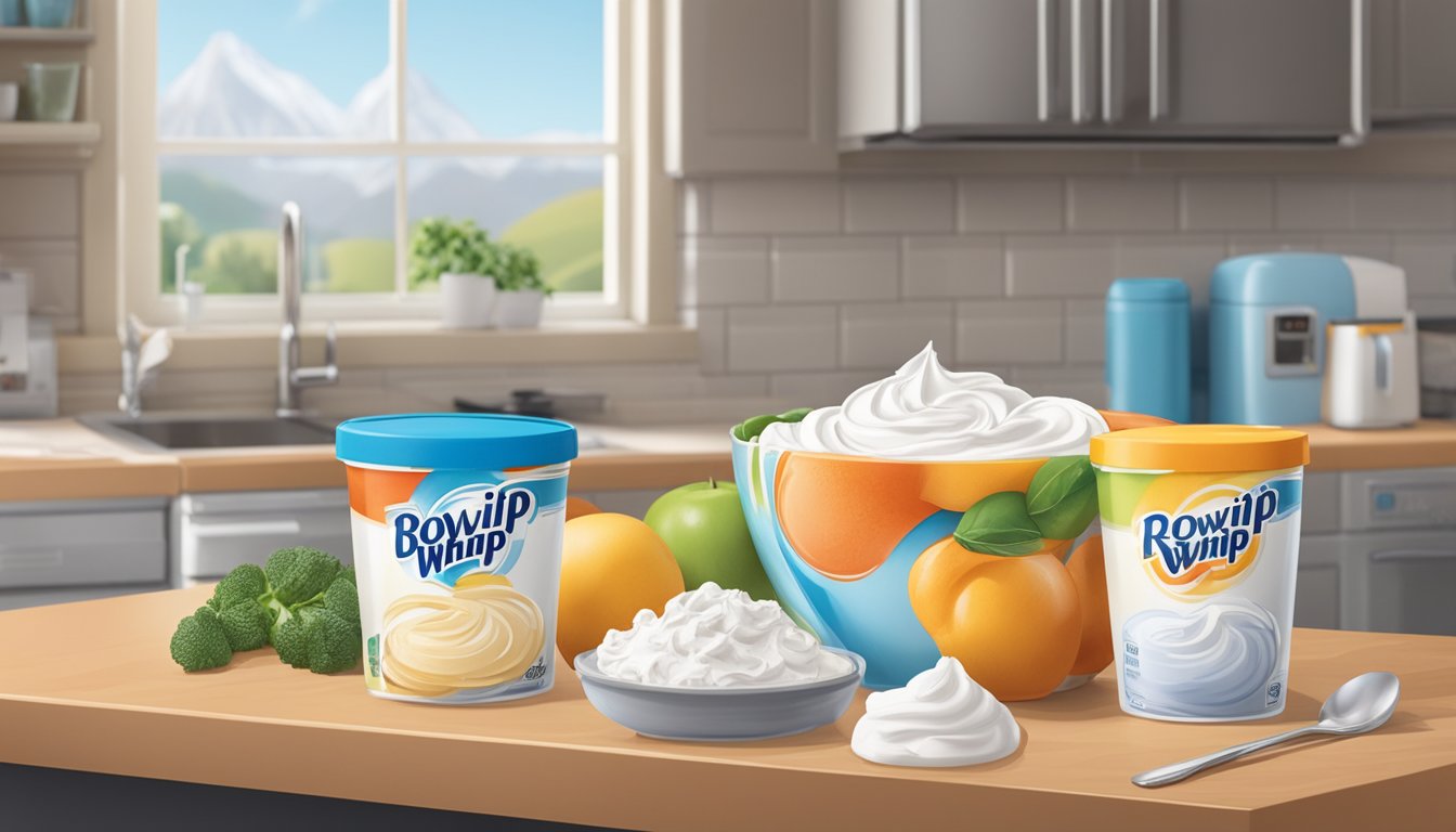 A bowl of Cool Whip sits next to a variety of ingredients on a kitchen counter, with a refrigerator and freezer in the background