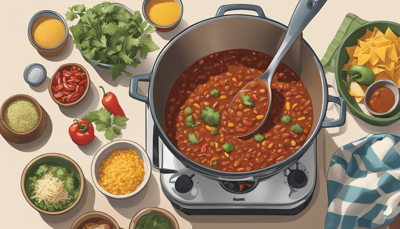 A person stirring a pot of Hormel Chili with various Tex-Mex ingredients laid out on a kitchen counter