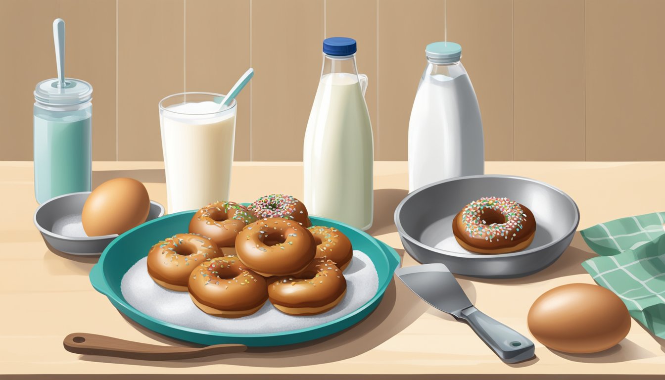 A kitchen counter with a plate of Krispy Kreme donuts, a carton of eggs, a bottle of milk, and a mixing bowl. A frying pan and spatula sit nearby