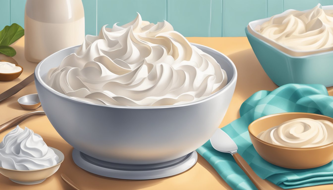 A bowl of Cool Whip being folded into a creamy no-bake dessert mixture, surrounded by various ingredients and utensils on a kitchen counter