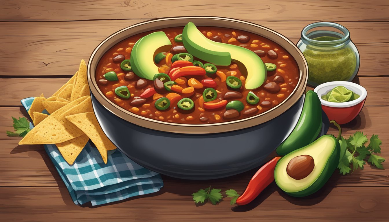 A steaming bowl of Hormel Chili sits on a rustic table, surrounded by colorful Tex-Mex ingredients like avocado, jalapenos, and tortilla chips